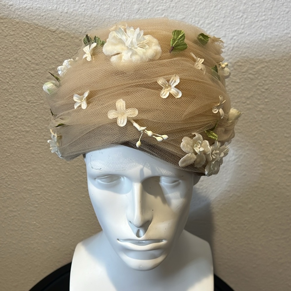 Patrice Vintage Union Made Tulle Beehive Hat With Floral Embellishment